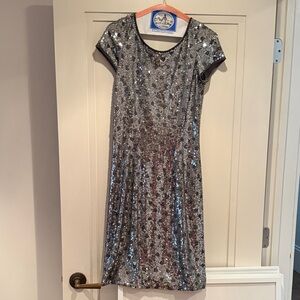 Carmen Marc Valvo Silver Sequin Midi Dress